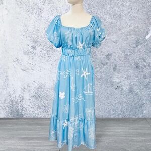 Peach Love Ally Sea Print Sky Blue Midi Dress Mini under Slip Size Large NWT
